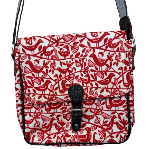 Nicky James Handbags - Nicky James Boho Bird & Pear Print Red & White Cross Body Bag Laminated Canvas